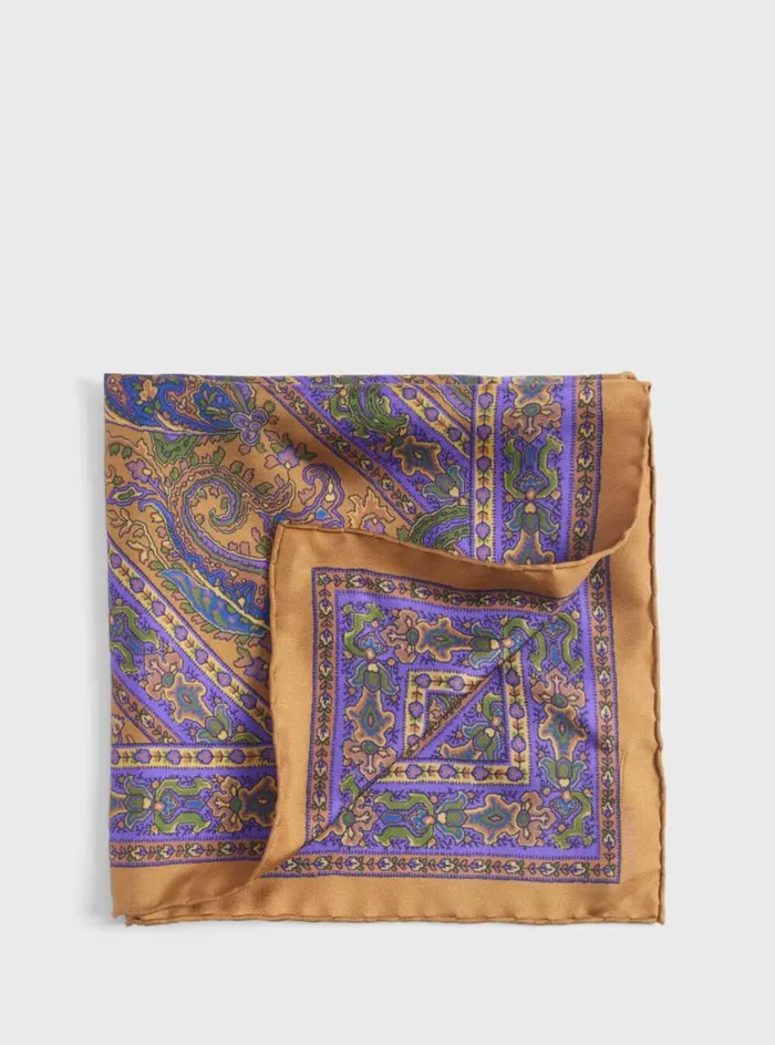 Men Paul Stuart Pocket Squares Silk Paisley Pocket Square Gold