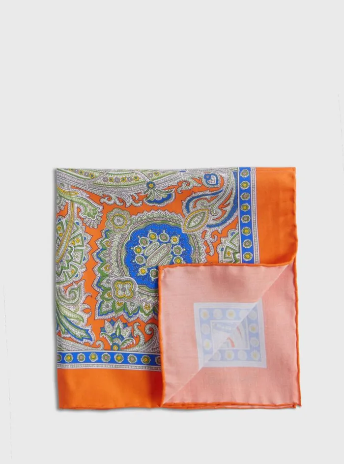 Men Paul Stuart Pocket Squares Silk Twill Paisley Pocket Square Orange
