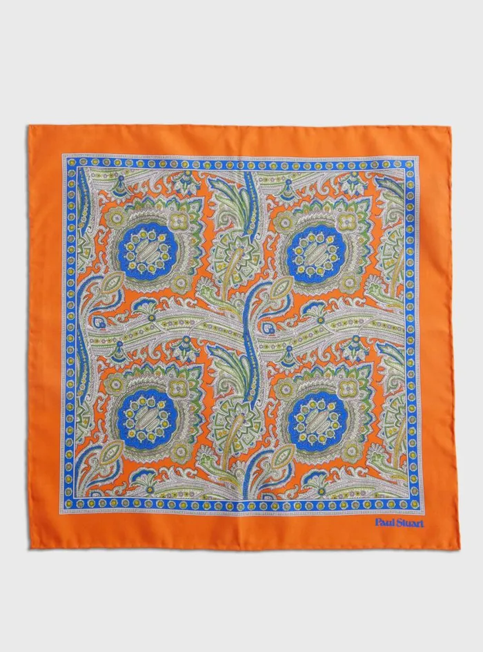Men Paul Stuart Pocket Squares Silk Twill Paisley Pocket Square Orange