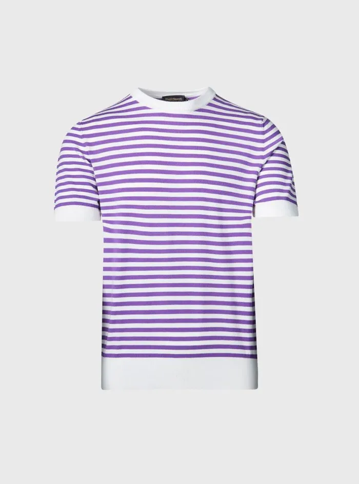 Men Paul Stuart Polos and TShirts Stripe Knit Short Sleeve Crewneck Purplewhite