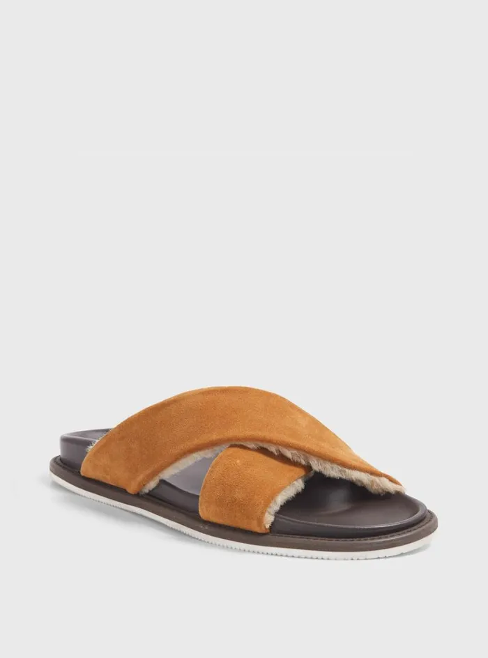 Men Paul Stuart Sandals Punta III Shearling Crossover Slide Cognac Men Paul Stuart Sandals Punta III Shearling Crossover Slide Cognac