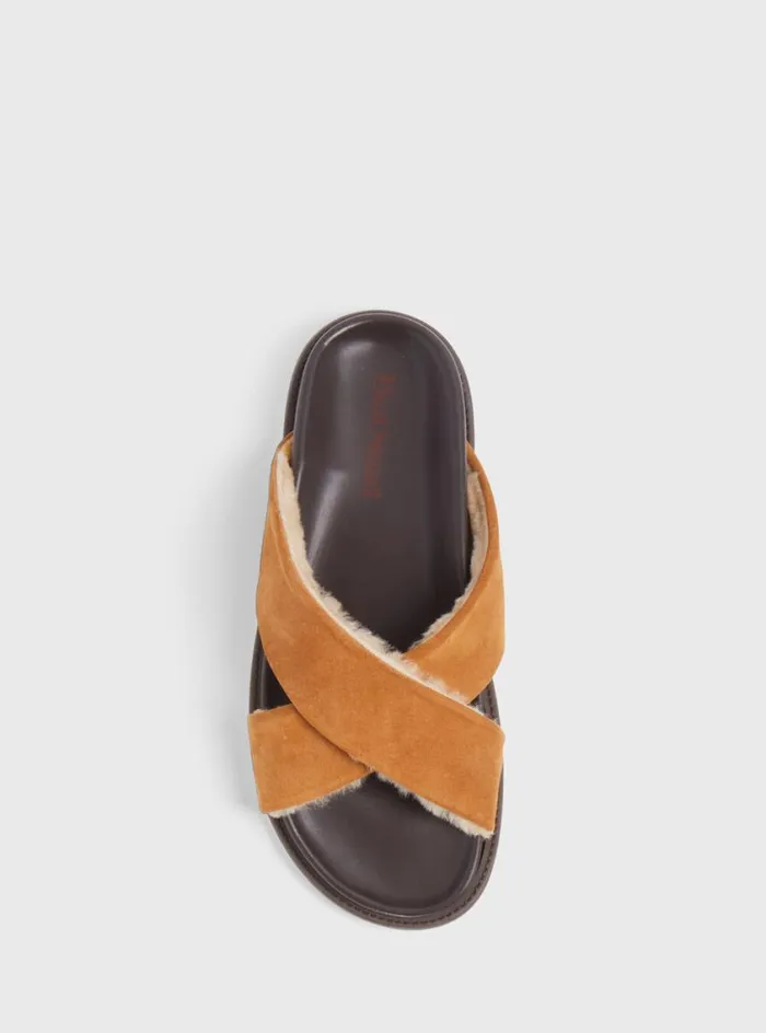 Men Paul Stuart Sandals Punta III Shearling Crossover Slide Cognac Men Paul Stuart Sandals Punta III Shearling Crossover Slide Cognac