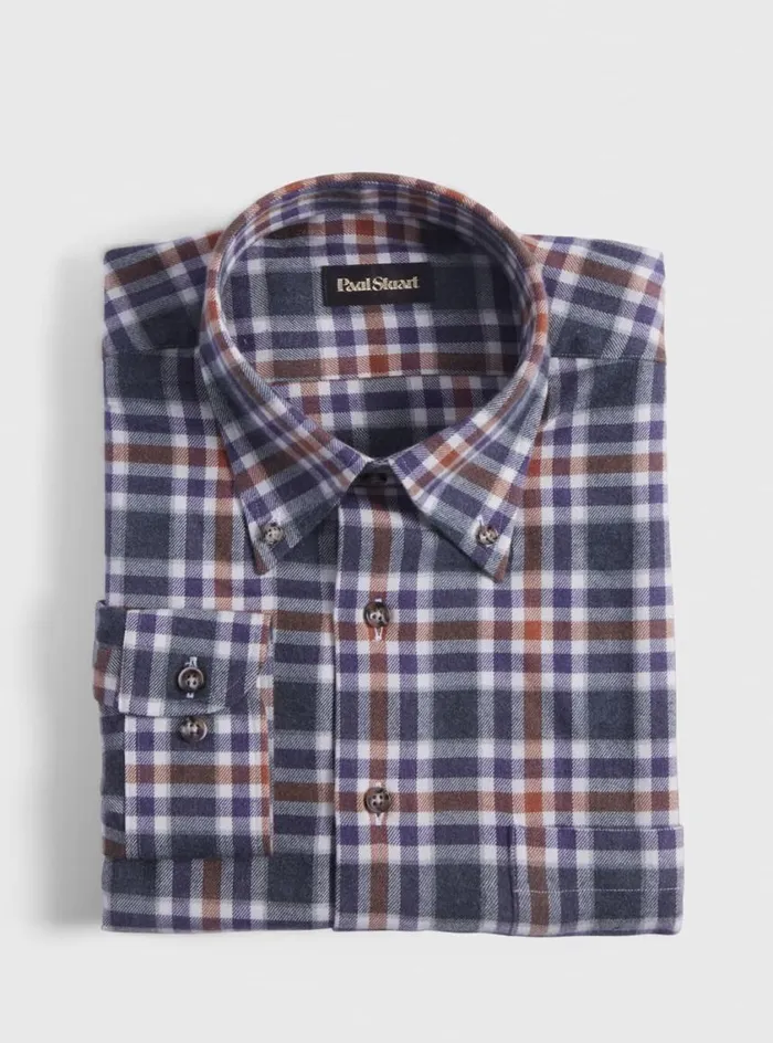 Men Paul Stuart Sport Shirts Flannel Plaid Sport Shirt Orangepurple