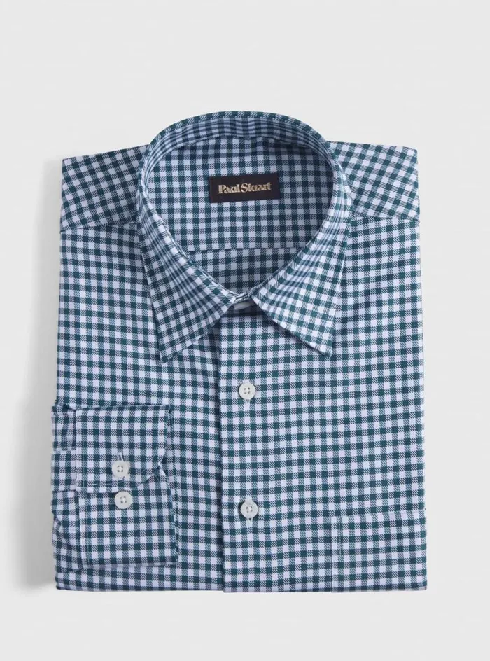 Men Paul Stuart Sport Shirts Gingham Check Twill Sport Shirt Dark Green