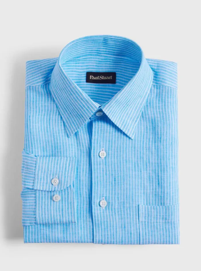 Men Paul Stuart Sport Shirts Linen Pencil Stripe Sport Shirt Turquoise