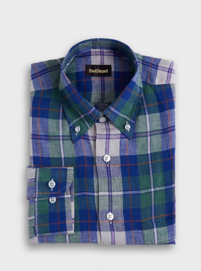 Men Paul Stuart Sport Shirts Linen Plaid Sport Shirt Purplegreen