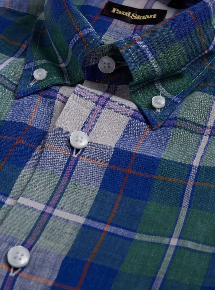 Men Paul Stuart Sport Shirts Linen Plaid Sport Shirt Purplegreen