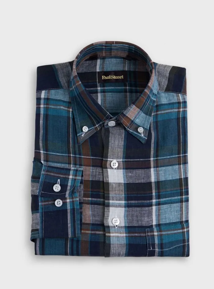 Men Paul Stuart Sport Shirts Linen Plaid Sport Shirt Teal