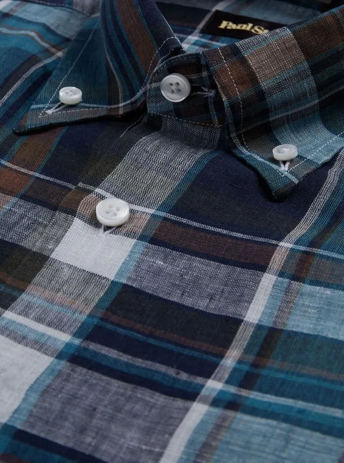 Men Paul Stuart Sport Shirts Linen Plaid Sport Shirt Teal