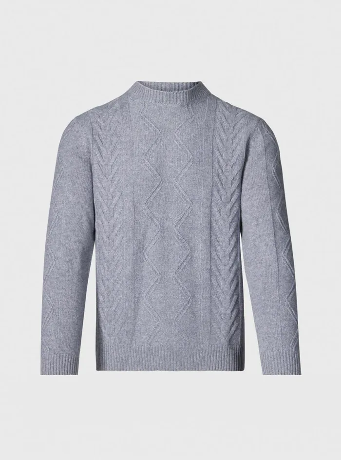Men Paul Stuart Sweaters Wool and Cashmere Cable Crewneck Sweater Mid Grey