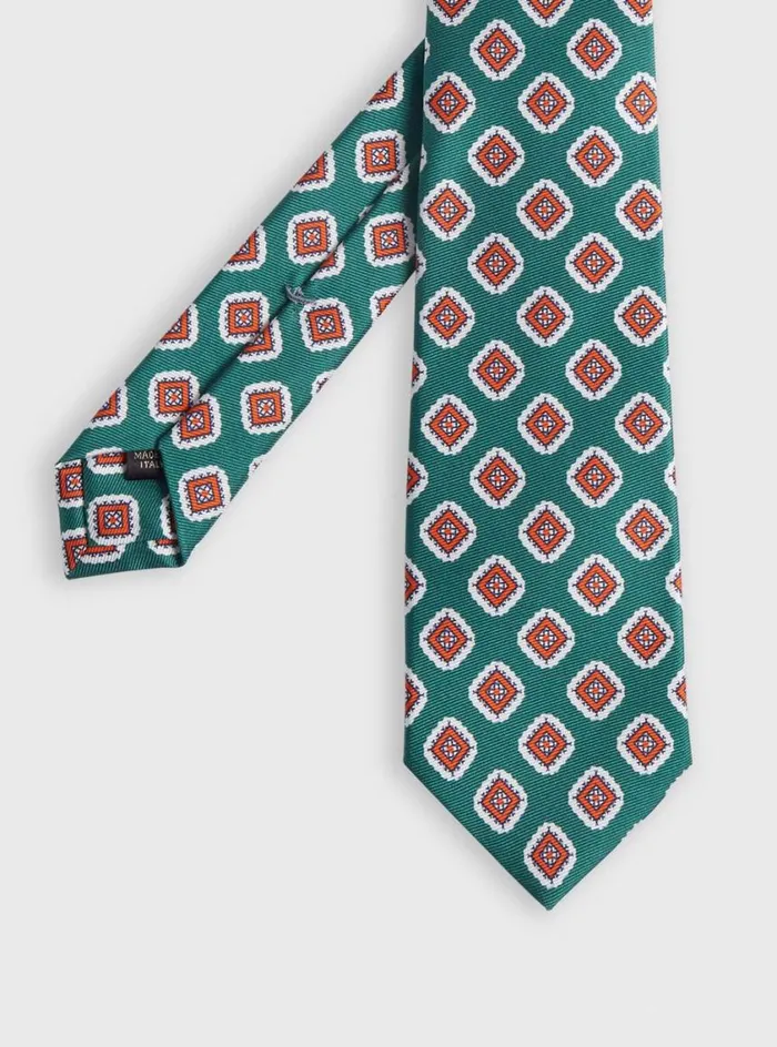 Men Paul Stuart Ties Printed Silk Large Square Medallion Tie Green