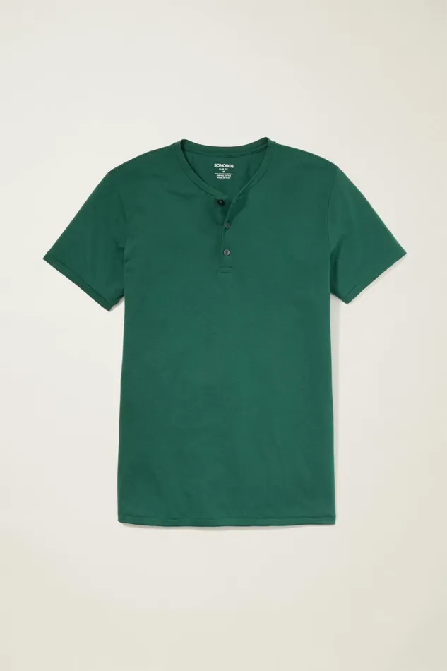 Men Pima Performance Short Sleeve Henley Forest Green Bonobos Henleys