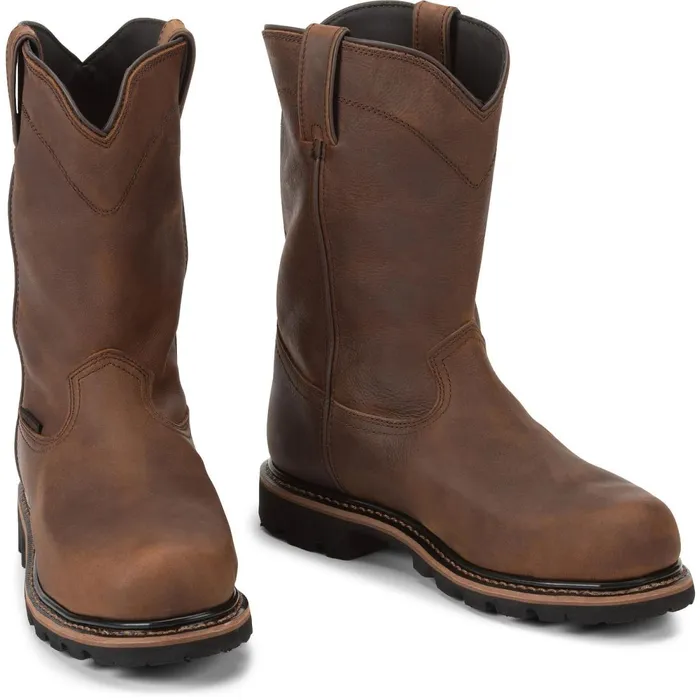 MEN Pulley 10034 Waterproof Comp Toe Brown Justin Boots Work
