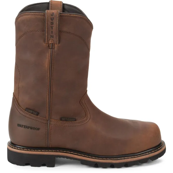 MEN Pulley 10034 Waterproof Comp Toe Brown Justin Boots Work