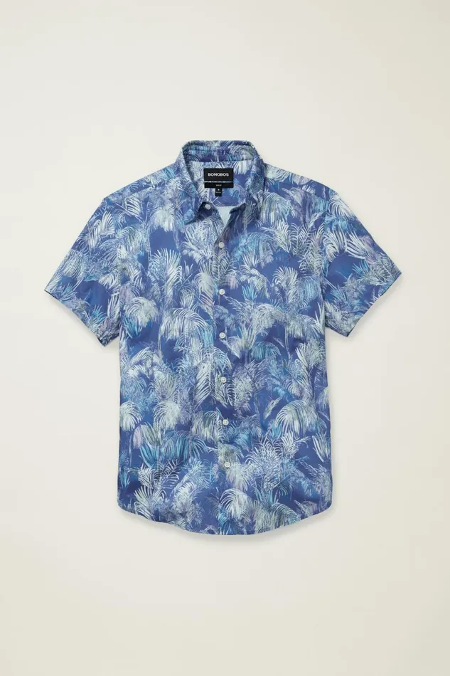 Men Riviera Short Sleeve Shirt Blue Abstract Palms Bonobos Casual Shirts