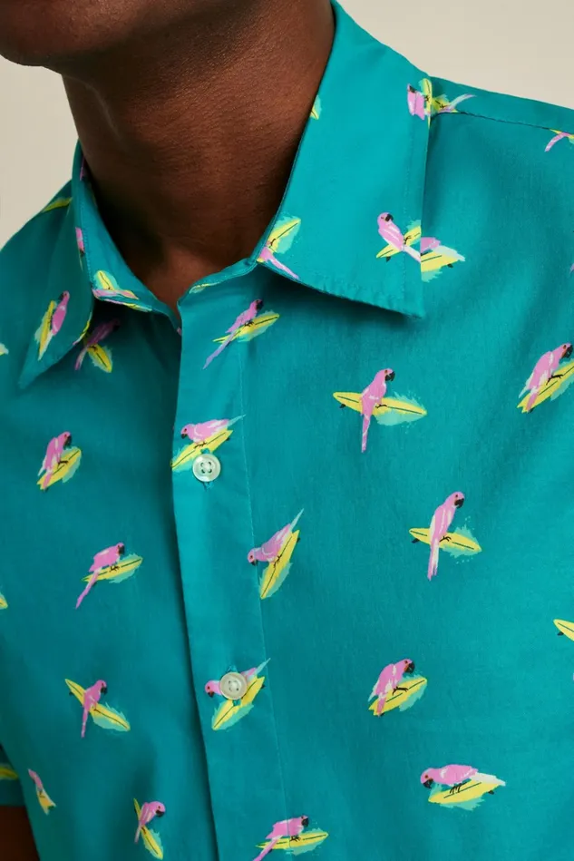 Men Riviera Short Sleeve Shirt Blue And Pink Surfing Parakeets Bonobos Casual Shirts