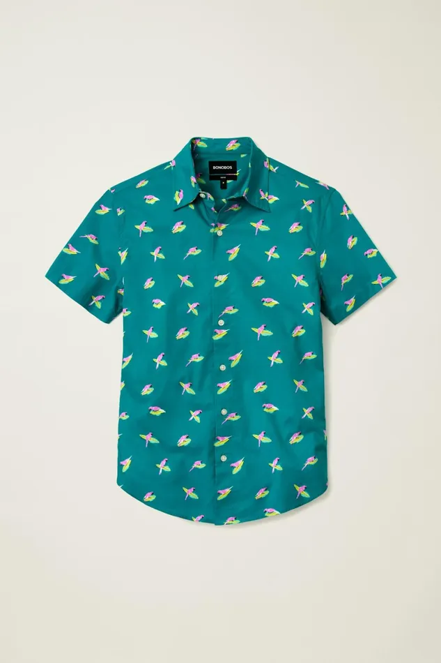 Men Riviera Short Sleeve Shirt Blue And Pink Surfing Parakeets Bonobos Casual Shirts