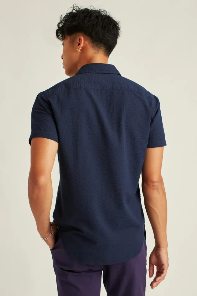 Men Riviera Short Sleeve Shirt Blue Black Seersucker Check Bonobos Casual Shirts