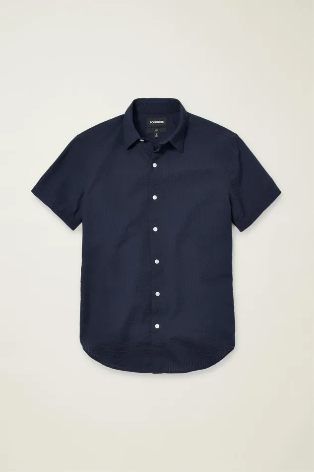 Men Riviera Short Sleeve Shirt Blue Black Seersucker Check Bonobos Casual Shirts