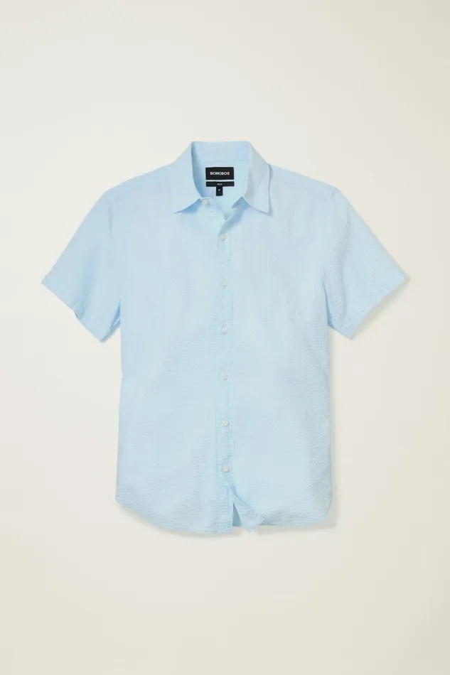 Men Riviera Short Sleeve Shirt Light Blue Seersucker Bonobos Casual Shirts