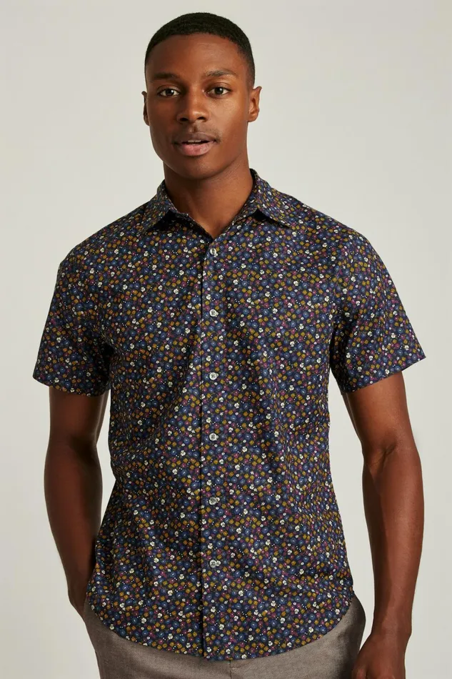Men Riviera Short Sleeve Shirt Navy Autumn Micro Floral Bonobos Casual Shirts