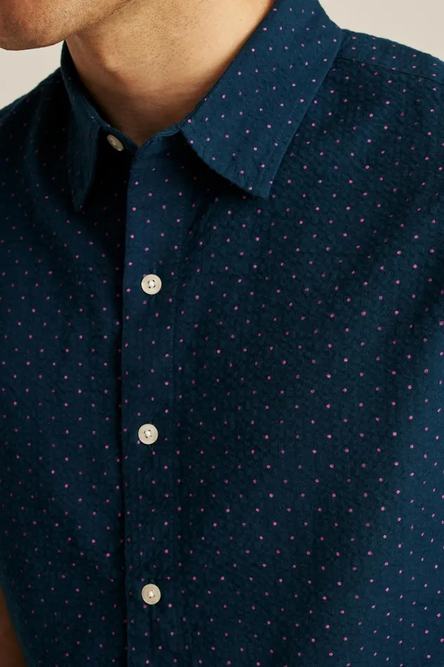 Men Riviera Short Sleeve Shirt Navy Pink Seersucker Dot Bonobos Casual Shirts
