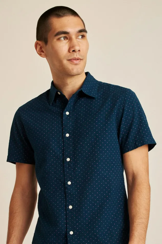 Men Riviera Short Sleeve Shirt Navy Pink Seersucker Dot Bonobos Casual Shirts