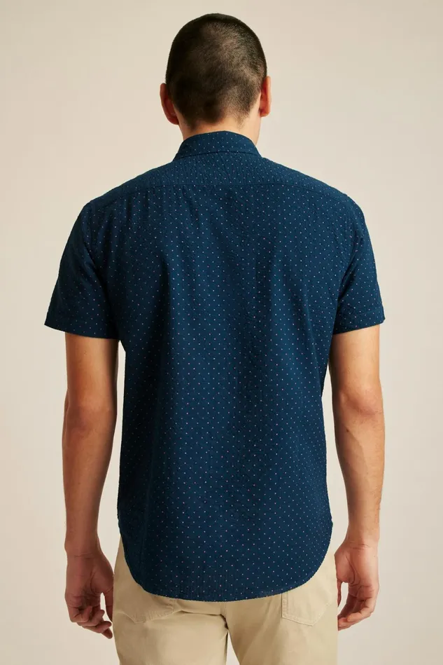 Men Riviera Short Sleeve Shirt Navy Pink Seersucker Dot Bonobos Casual Shirts