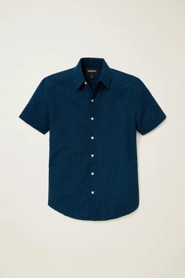 Men Riviera Short Sleeve Shirt Navy Pink Seersucker Dot Bonobos Casual Shirts