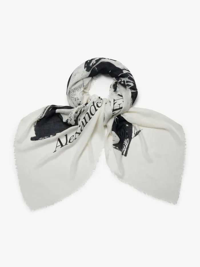 Men Scarves Alexander McQueen Fold Skull Shawl Whiteblack