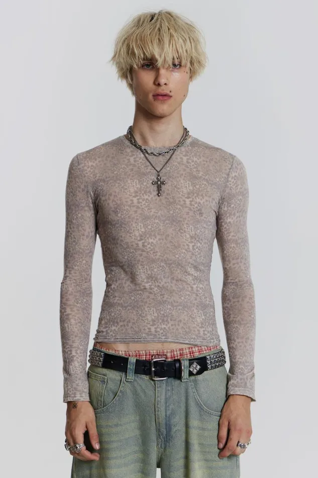 Men Sheer Leopard Long Sleeve Jaded London TShirts and Vests