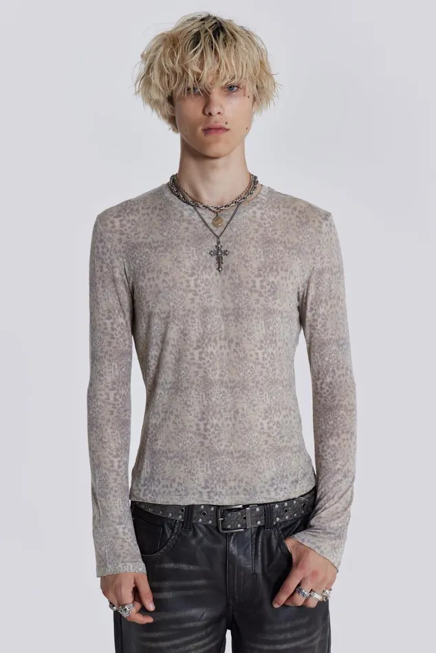 Men Sheer Leopard Long Sleeve Jaded London TShirts and Vests