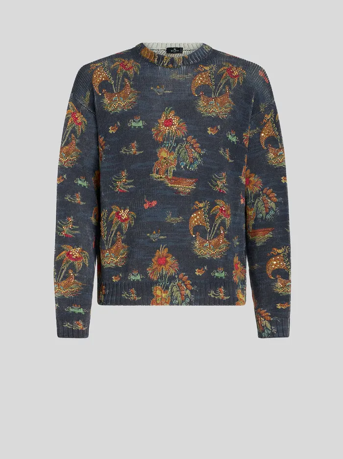 Men Silk And Linen Jumper With Applications Etro Knitwear