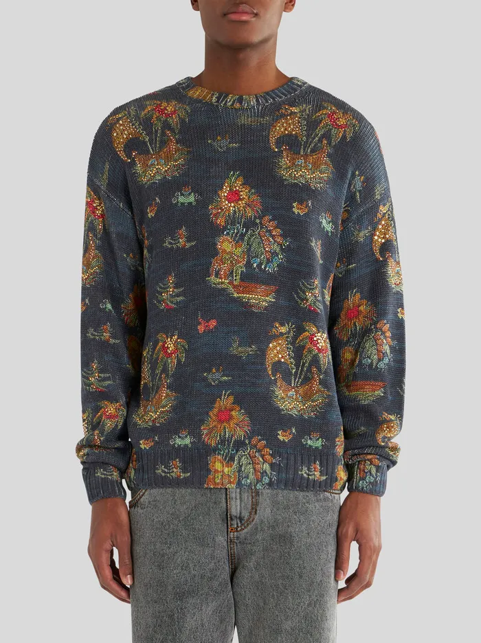 Men Silk And Linen Jumper With Applications Etro Knitwear