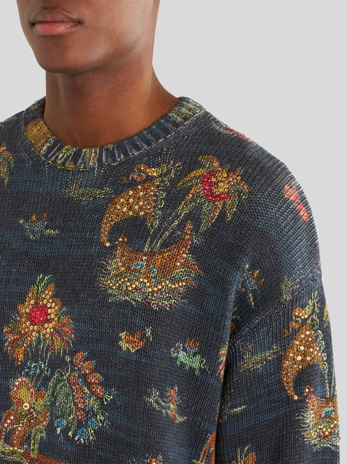Men Silk And Linen Jumper With Applications Etro Knitwear