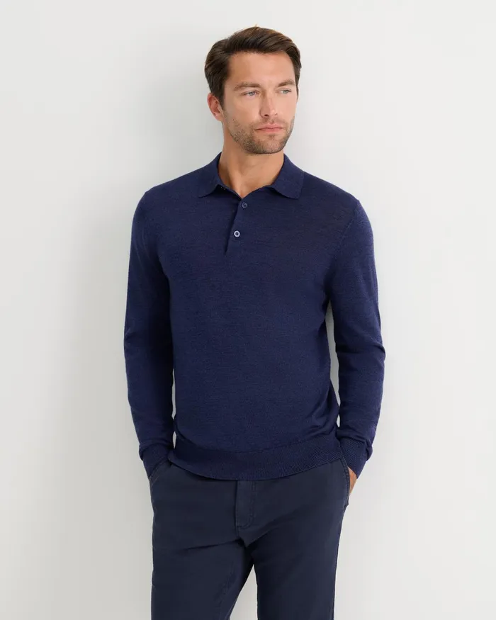 Men Sportscraft Knitwear Long Sleeve Merino Knit Polo Navy