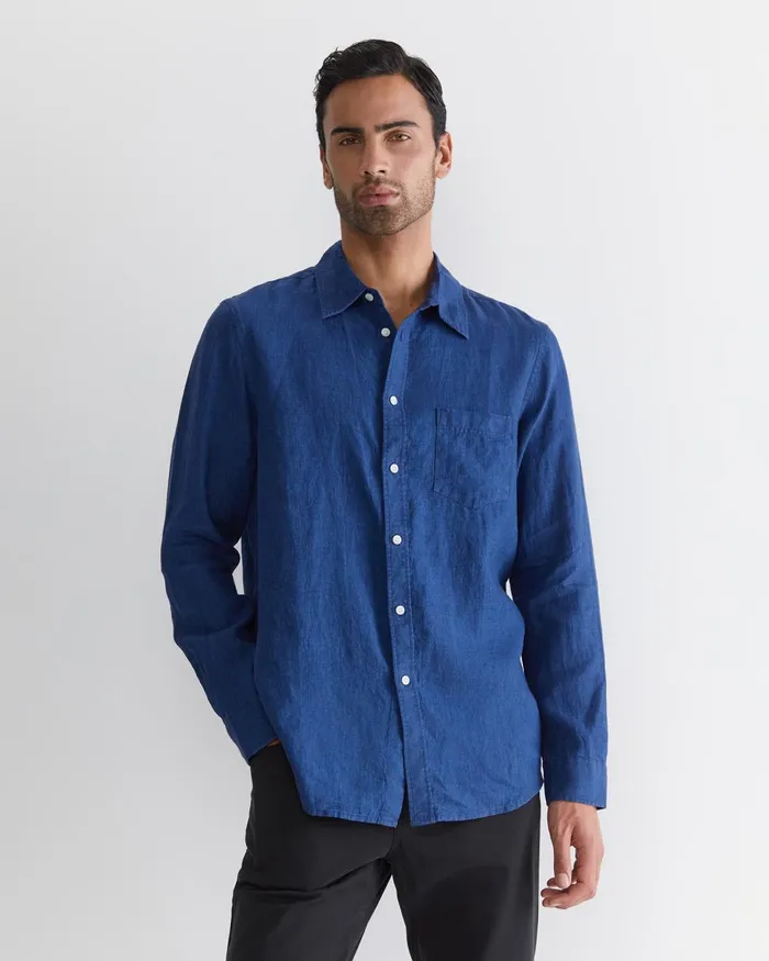 Men Sportscraft Shirts Long Sleeve Linen Shirt Indigo