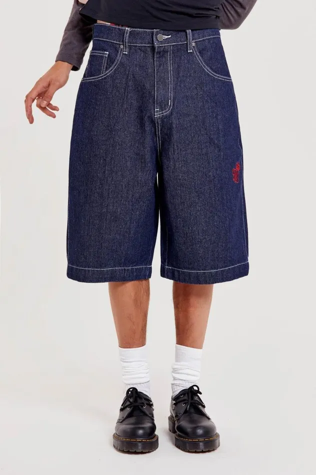 Men Star Print Indigo Denim Shorts Jumbo Fit Jaded London Shorts and Jorts
