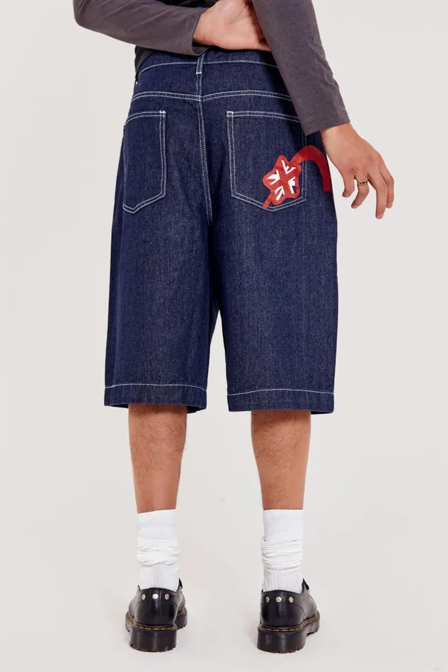 Men Star Print Indigo Denim Shorts Jumbo Fit Jaded London Shorts and Jorts
