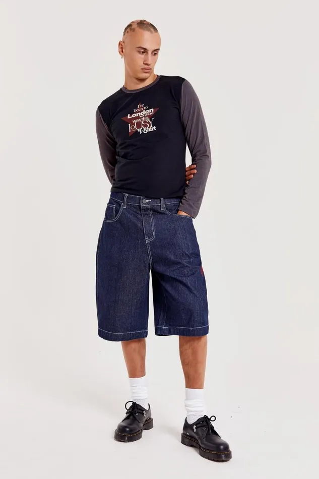 Men Star Print Indigo Denim Shorts Jumbo Fit Jaded London Shorts and Jorts
