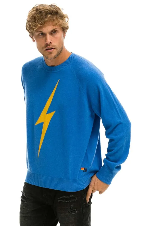 Men Sweatshirts Aviator Nation Unisex Bolt Cashmere Light Sweater 8211 Vintage Blue Blue Bolt