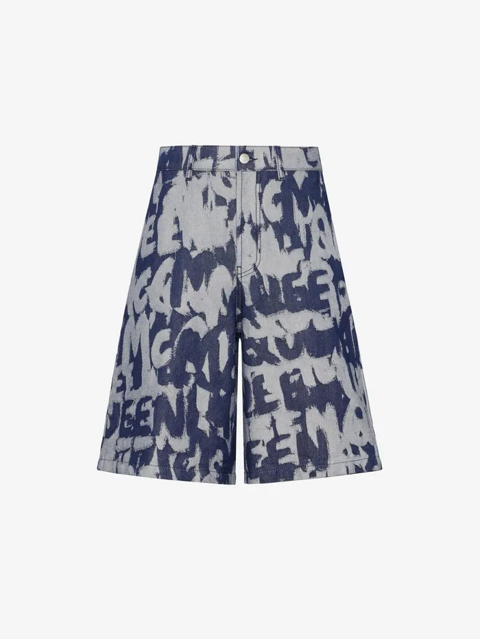 Men Trousers Alexander McQueen Mcqueen Graffiti Denim Shorts Indigo