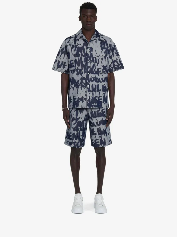 Men Trousers Alexander McQueen Mcqueen Graffiti Denim Shorts Indigo