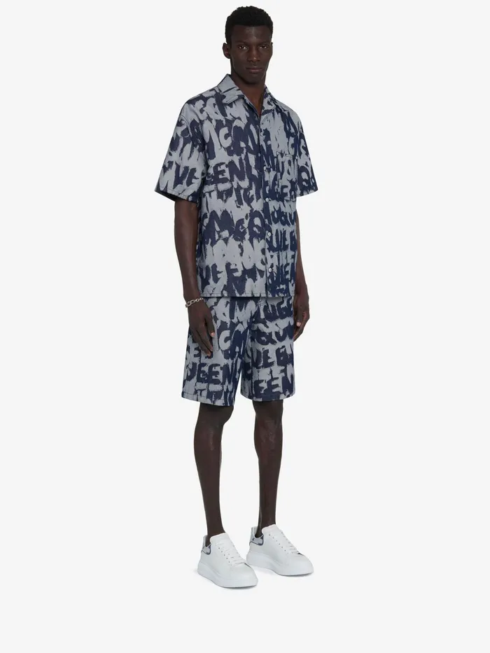 Men Trousers Alexander McQueen Mcqueen Graffiti Denim Shorts Indigo