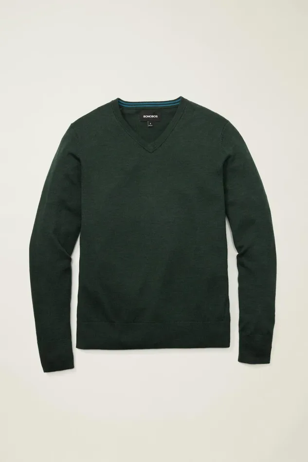 Men Washable Merino VNeck Sweater Heather Forest Green Bonobos Crew and VNeck Sweaters