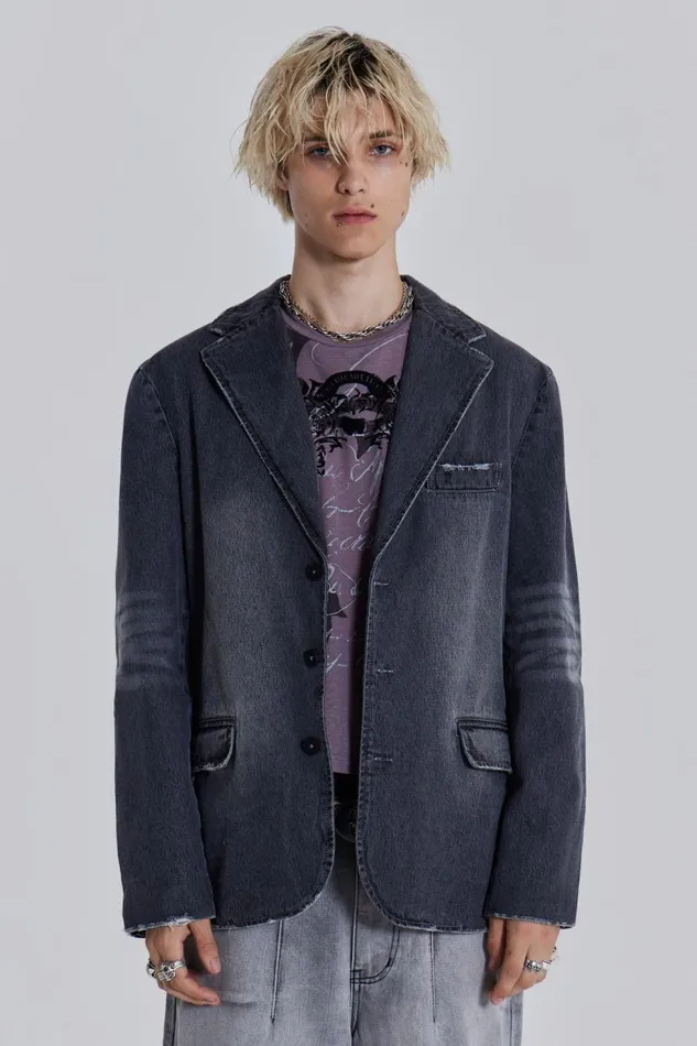 Men Washed Grey Denim Oversized Blazer Jaded London Tailoring