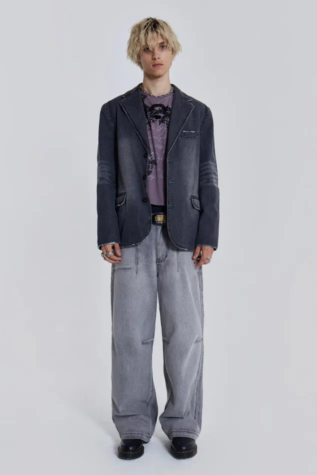 Men Washed Grey Denim Oversized Blazer Jaded London Tailoring