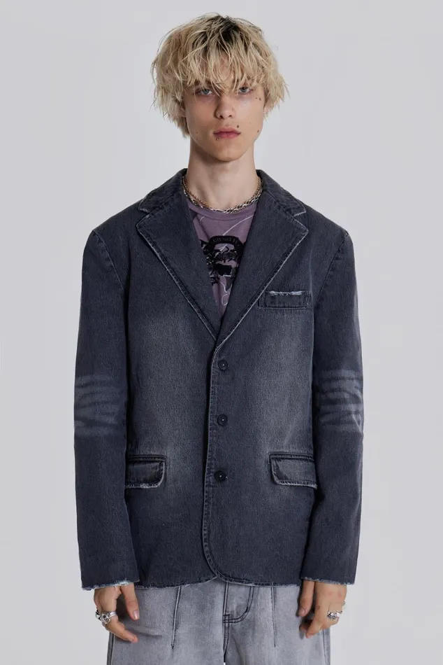 Men Washed Grey Denim Oversized Blazer Jaded London Tailoring