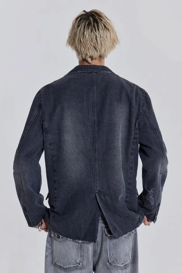 Men Washed Grey Denim Oversized Blazer Jaded London Tailoring