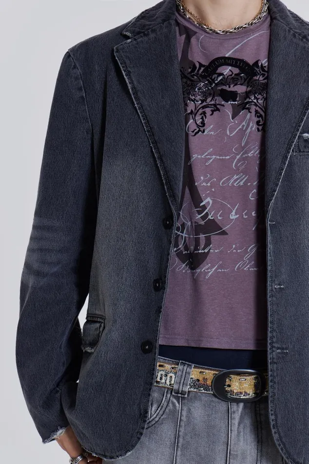 Men Washed Grey Denim Oversized Blazer Jaded London Tailoring